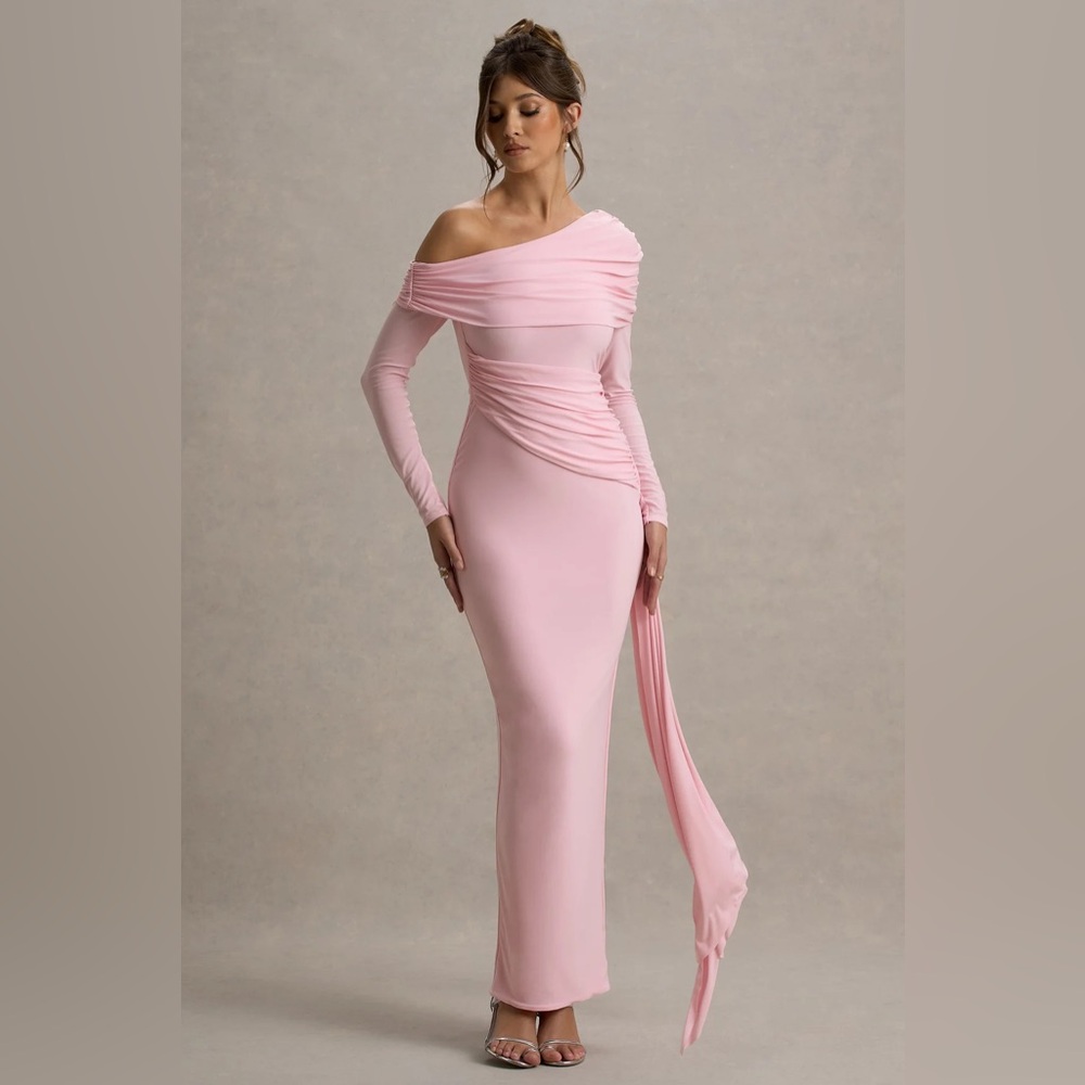 Club L London PINK RUCHED ASYMMETRIC MAXI DRESS WITH DRAPE